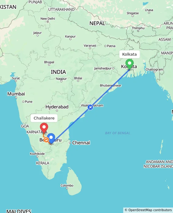 Route map showing distance and travel time from Kolkata, India to Challakere, India