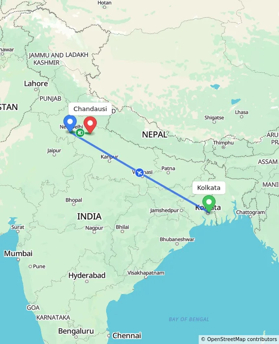 Route map showing distance and travel time from Kolkata, India to Chandausi, India