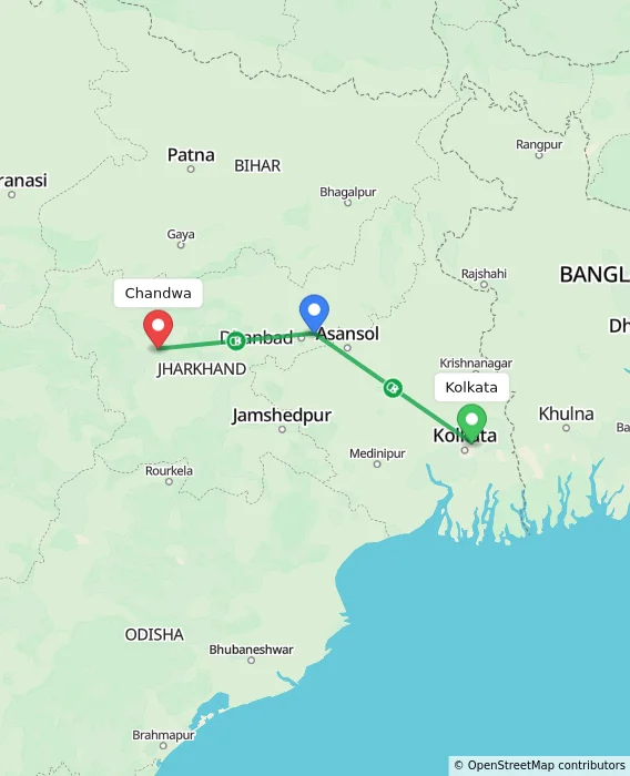 Route map showing distance and travel time from Kolkata, India to Chandwa, India