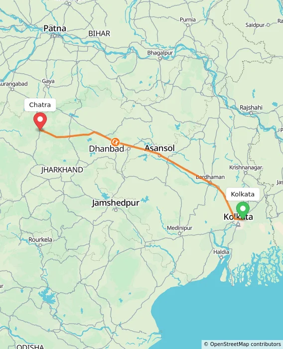 Route map showing distance and travel time from Kolkata, India to Chatra, India