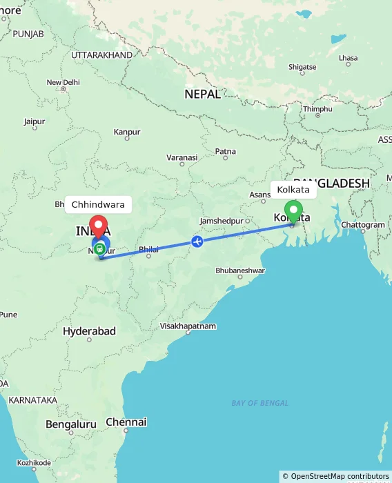 Route map showing distance and travel time from Kolkata, India to Chhindwara, India