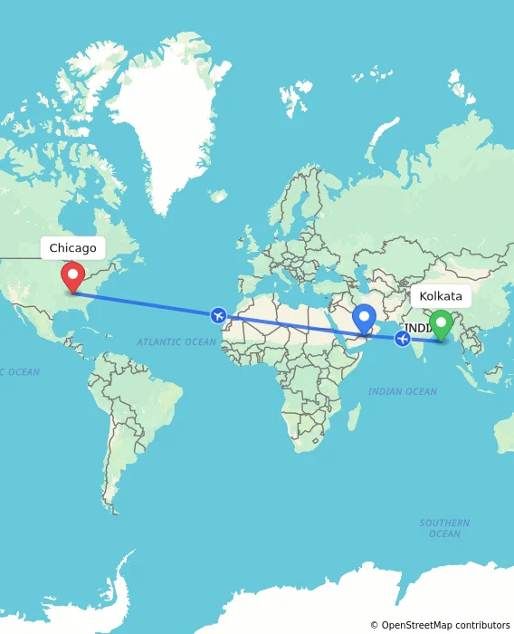 Route map showing distance and travel time from Kolkata, India to Chicago, United States