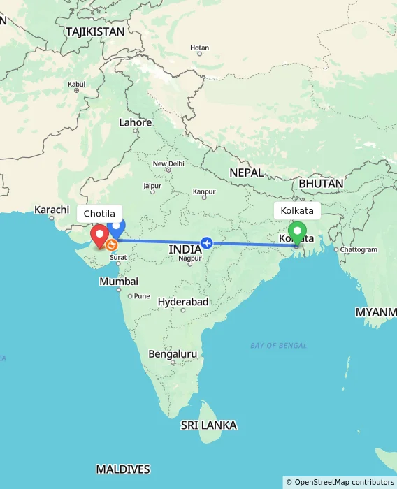 Route map showing distance and travel time from Kolkata, India to Chotila, India