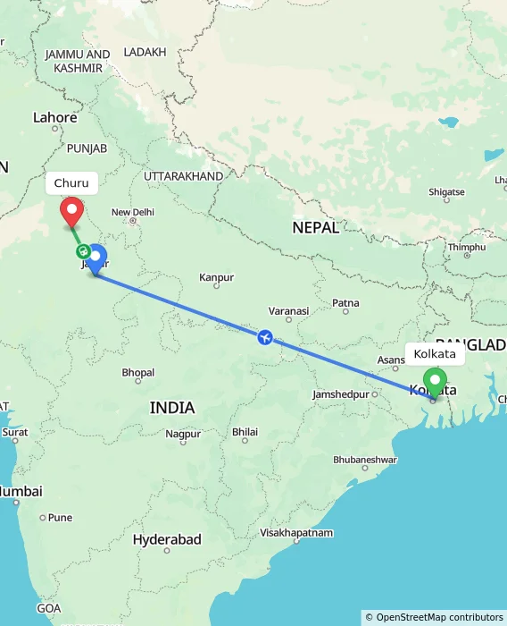 Route map showing distance and travel time from Kolkata, India to Churu, India