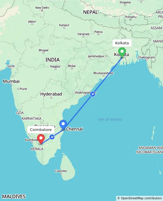 Route map showing distance and travel time from Kolkata, India to Coimbatore, India