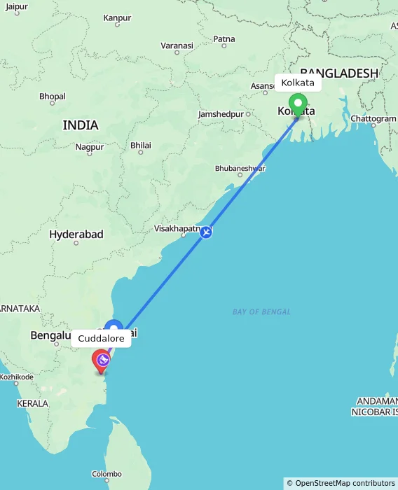 Route map showing distance and travel time from Kolkata, India to Cuddalore, India