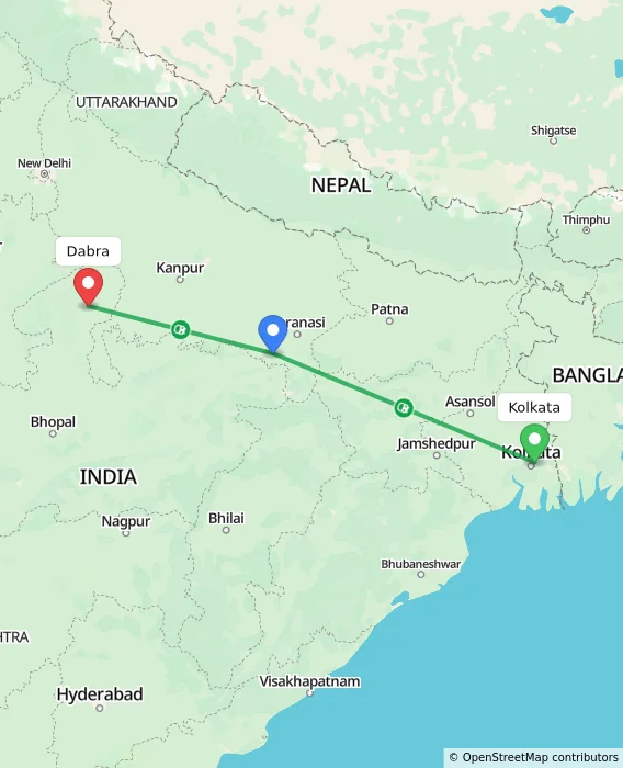 Route map showing distance and travel time from Kolkata, India to Dabra, India