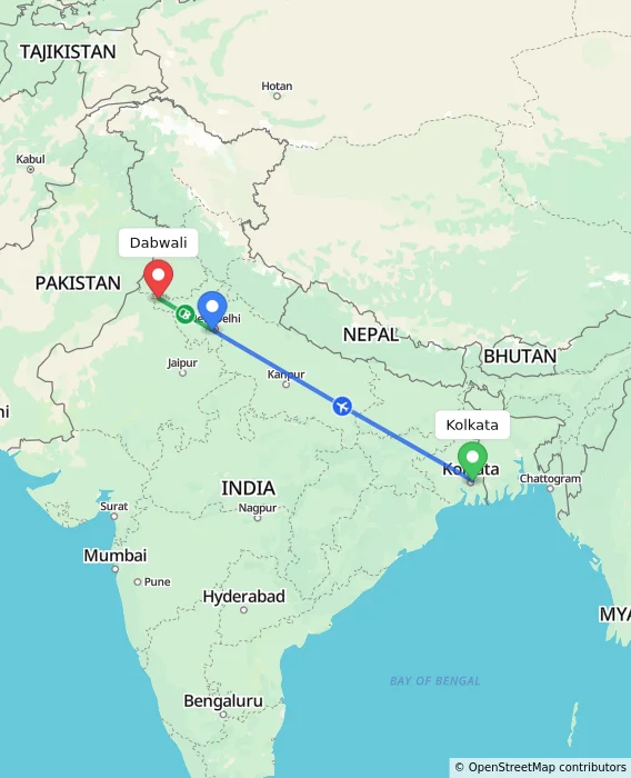Route map showing distance and travel time from Kolkata, India to Dabwali, India