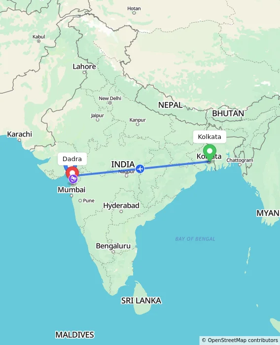 Route map showing distance and travel time from Kolkata, India to Dadra, India