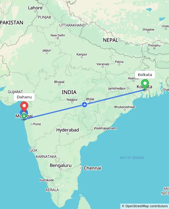 Route map showing distance and travel time from Kolkata, India to Dahanu, India