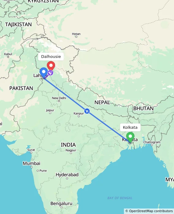 Route map showing distance and travel time from Kolkata, India to Dalhousie, India