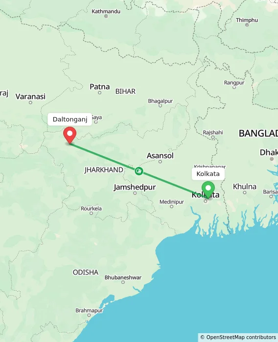 Route map showing distance and travel time from Kolkata, India to Daltonganj, India