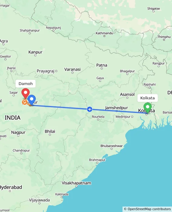 Route map showing distance and travel time from Kolkata, India to Damoh, India