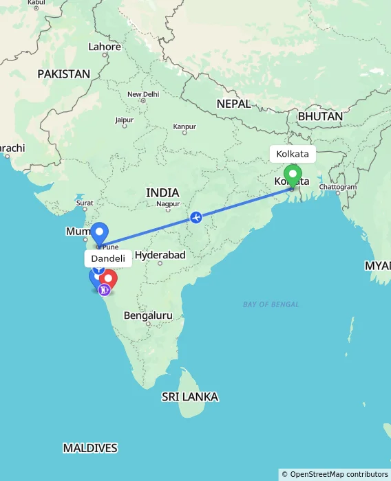 Route map showing distance and travel time from Kolkata, India to Dandeli, India