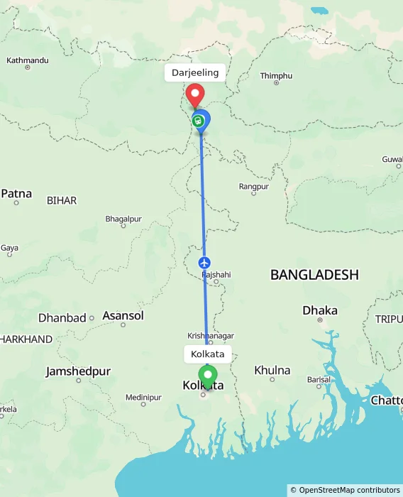 Route map showing distance and travel time from Kolkata, India to Darjeeling, India