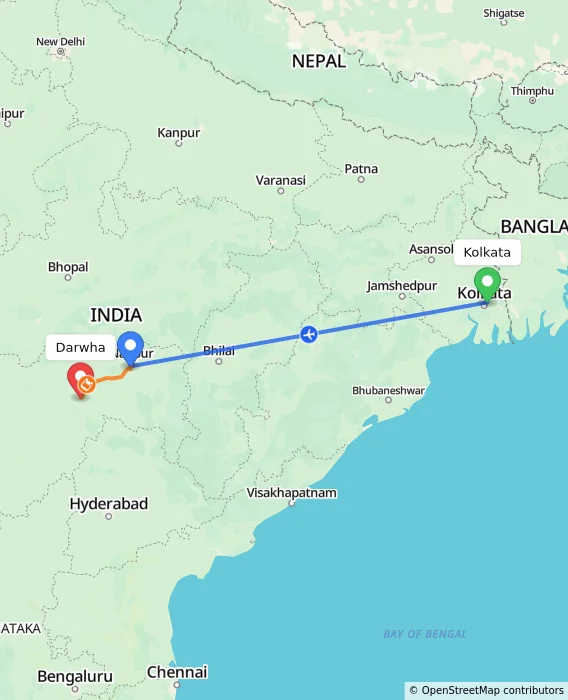 Route map showing distance and travel time from Kolkata, India to Darwha, India
