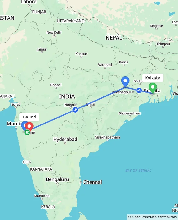 Route map showing distance and travel time from Kolkata, India to Daund, India