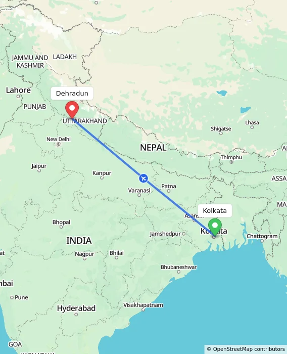 Route map showing distance and travel time from Kolkata, India to Dehradun, India