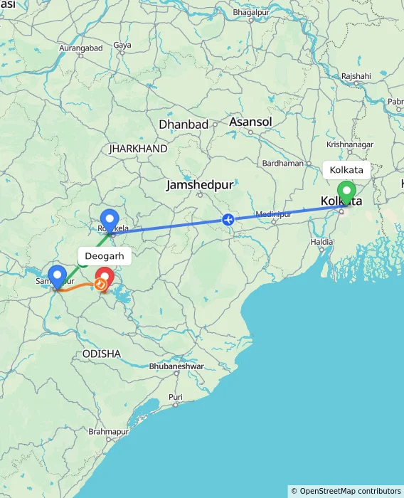 Route map showing distance and travel time from Kolkata, India to Deogarh, India