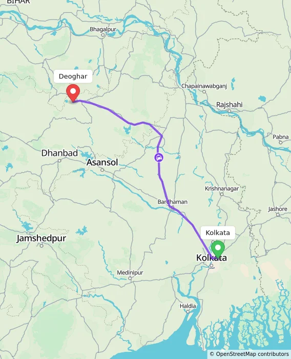 Route map showing distance and travel time from Kolkata, India to Deoghar, India