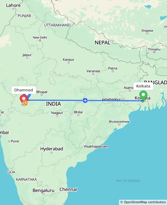 Route map showing distance and travel time from Kolkata, India to Dhamnod, India