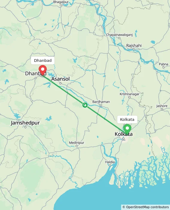 Route map showing distance and travel time from Kolkata, India to Dhanbad, India