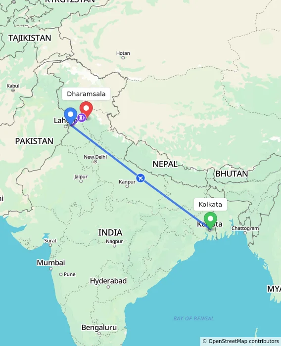 Route map showing distance and travel time from Kolkata, India to Dharamsala, India