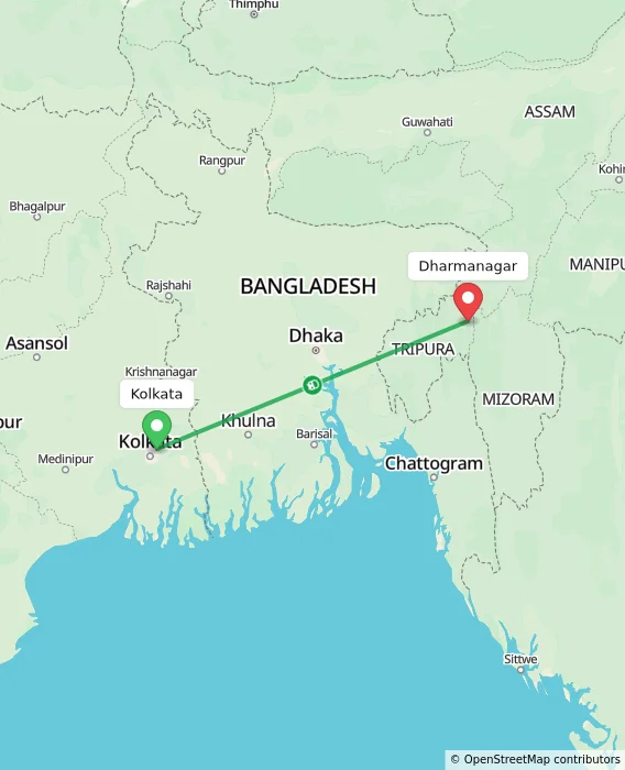 Route map showing distance and travel time from Kolkata, India to Dharmanagar, India