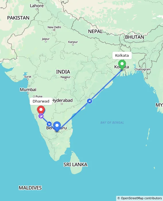 Route map showing distance and travel time from Kolkata, India to Dharwad, India