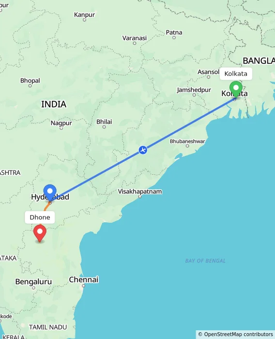 Route map showing distance and travel time from Kolkata, India to Dhone, India