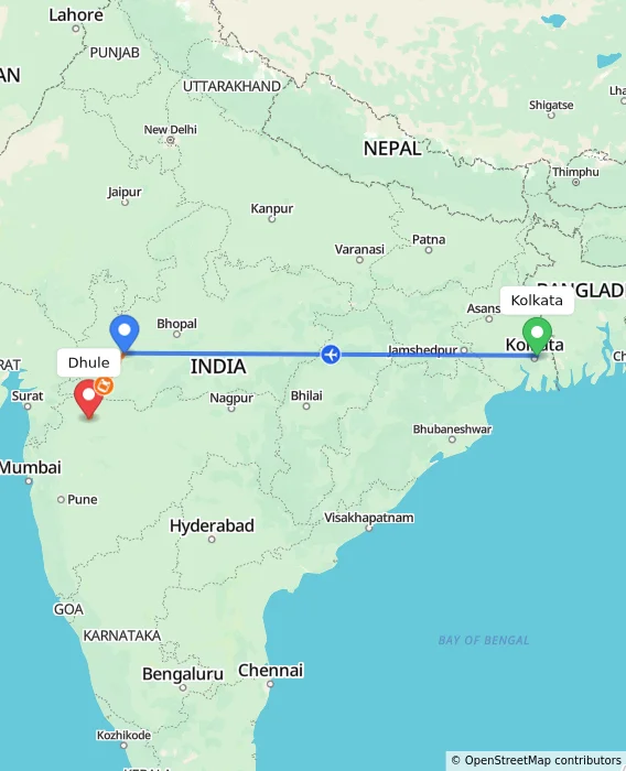 Route map showing distance and travel time from Kolkata, India to Dhule, India