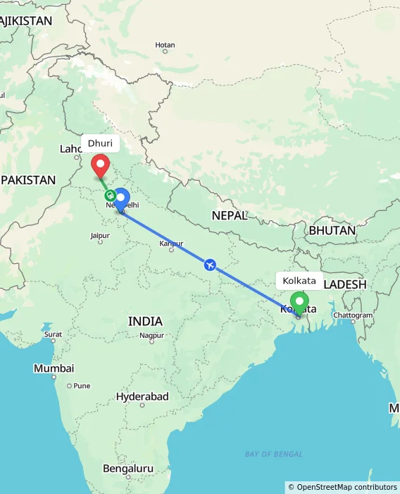 Route map showing distance and travel time from Kolkata, India to Dhuri, India