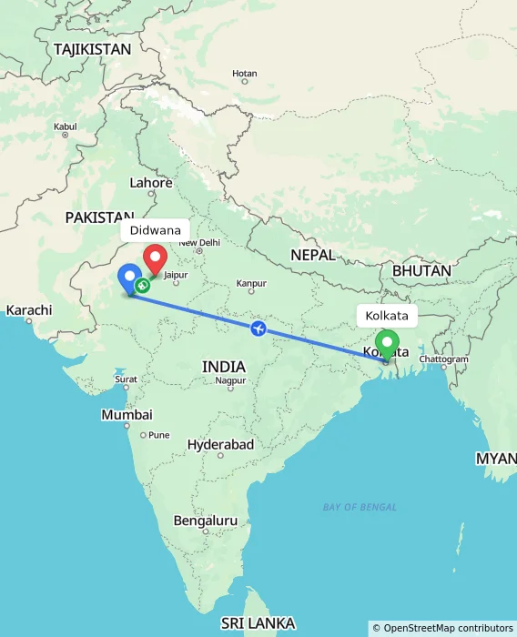 Route map showing distance and travel time from Kolkata, India to Didwana, India
