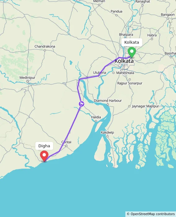 Route map showing distance and travel time from Kolkata, India to Digha, India