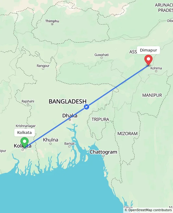 Route map showing distance and travel time from Kolkata, India to Dimapur, India