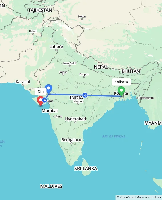 Route map showing distance and travel time from Kolkata, India to Diu, India