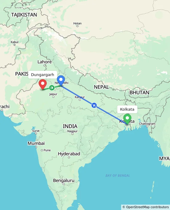 Route map showing distance and travel time from Kolkata, India to Dungargarh, India