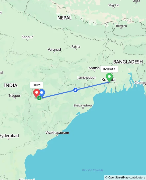 Route map showing distance and travel time from Kolkata, India to Durg, India
