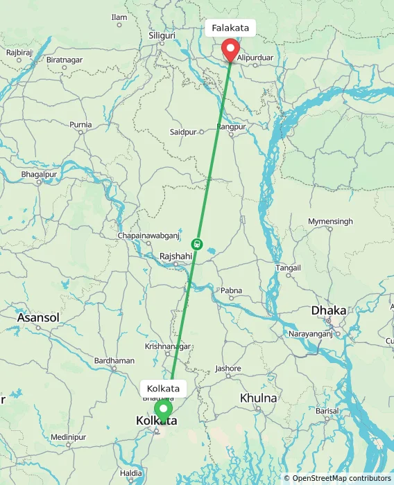 Route map showing distance and travel time from Kolkata, India to Falakata, India