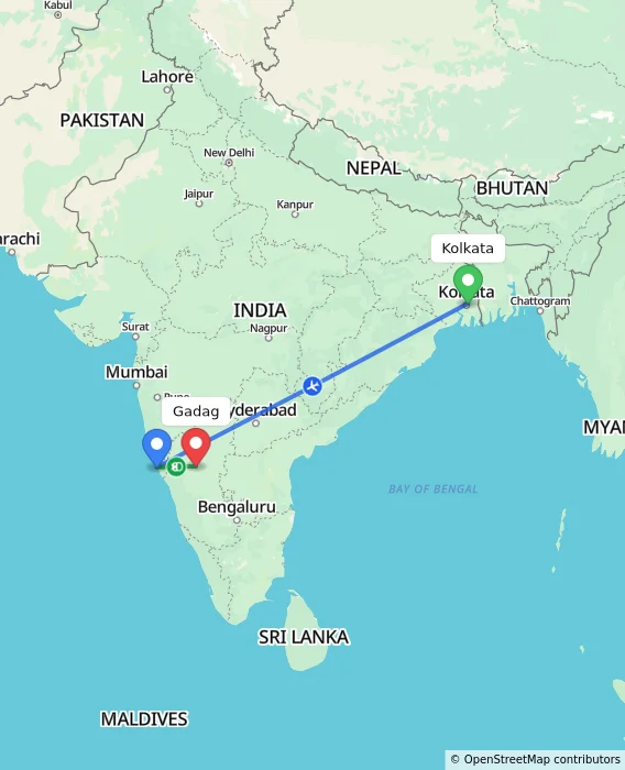 Route map showing distance and travel time from Kolkata, India to Gadag, India