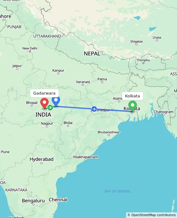 Route map showing distance and travel time from Kolkata, India to Gadarwara, India