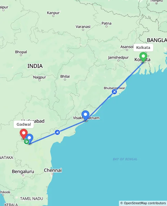 Route map showing distance and travel time from Kolkata, India to Gadwal, India