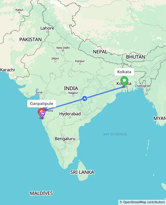 Route map showing distance and travel time from Kolkata, India to Ganpatipule, India
