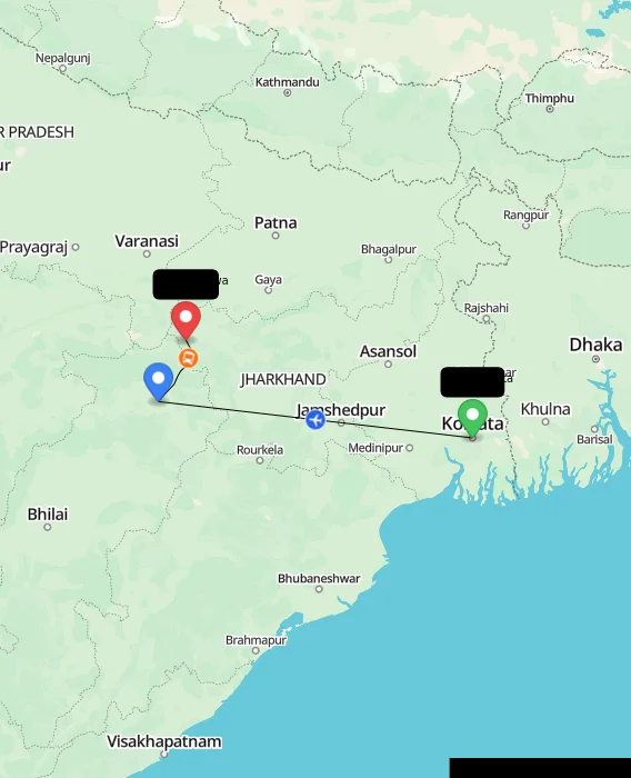 Route map showing distance and travel time from Kolkata, India to Garhwa, India