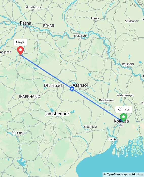 Route map showing distance and travel time from Kolkata, India to Gaya, India