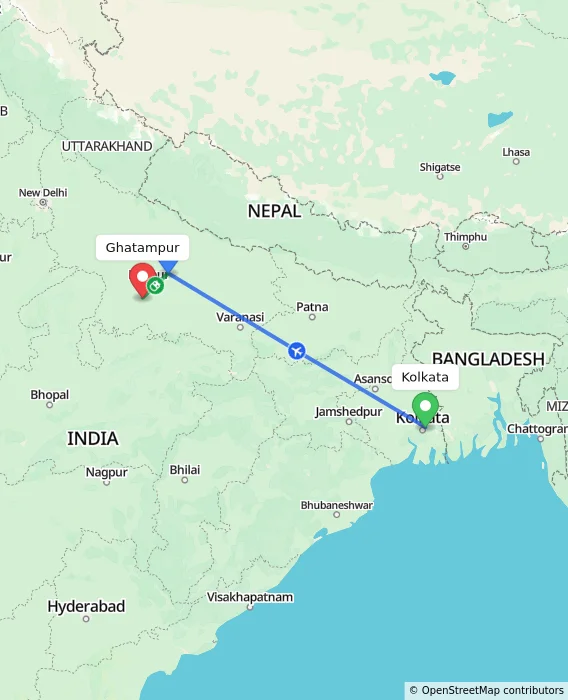 Route map showing distance and travel time from Kolkata, India to Ghatampur, India
