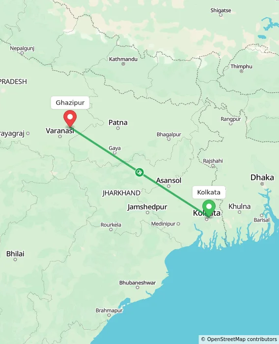 Route map showing distance and travel time from Kolkata, India to Ghazipur, India