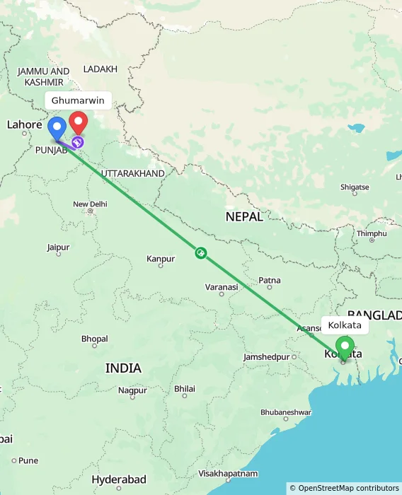 Route map showing distance and travel time from Kolkata, India to Ghumarwin, India