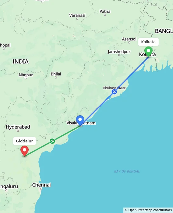 Route map showing distance and travel time from Kolkata, India to Giddalur, India