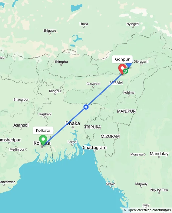 Route map showing distance and travel time from Kolkata, India to Gohpur, India